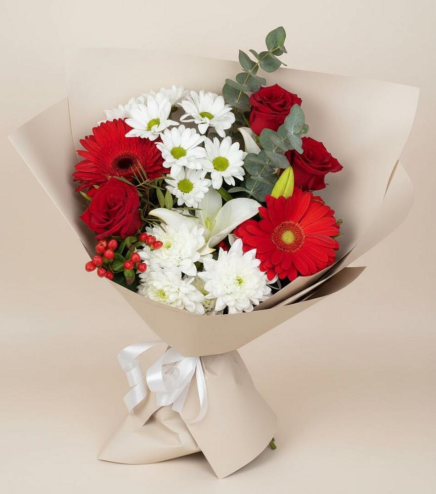 Букет цветов из: Розы, Хризантемы, Герберы и Лилии в Анциферово